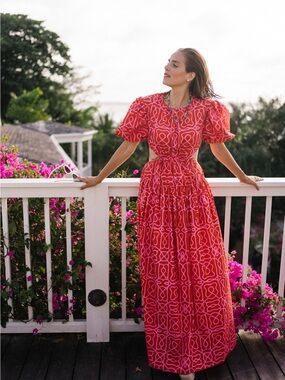 Agua Bendita Samba Red Patterned Puff-Sleeve Maxi Dress